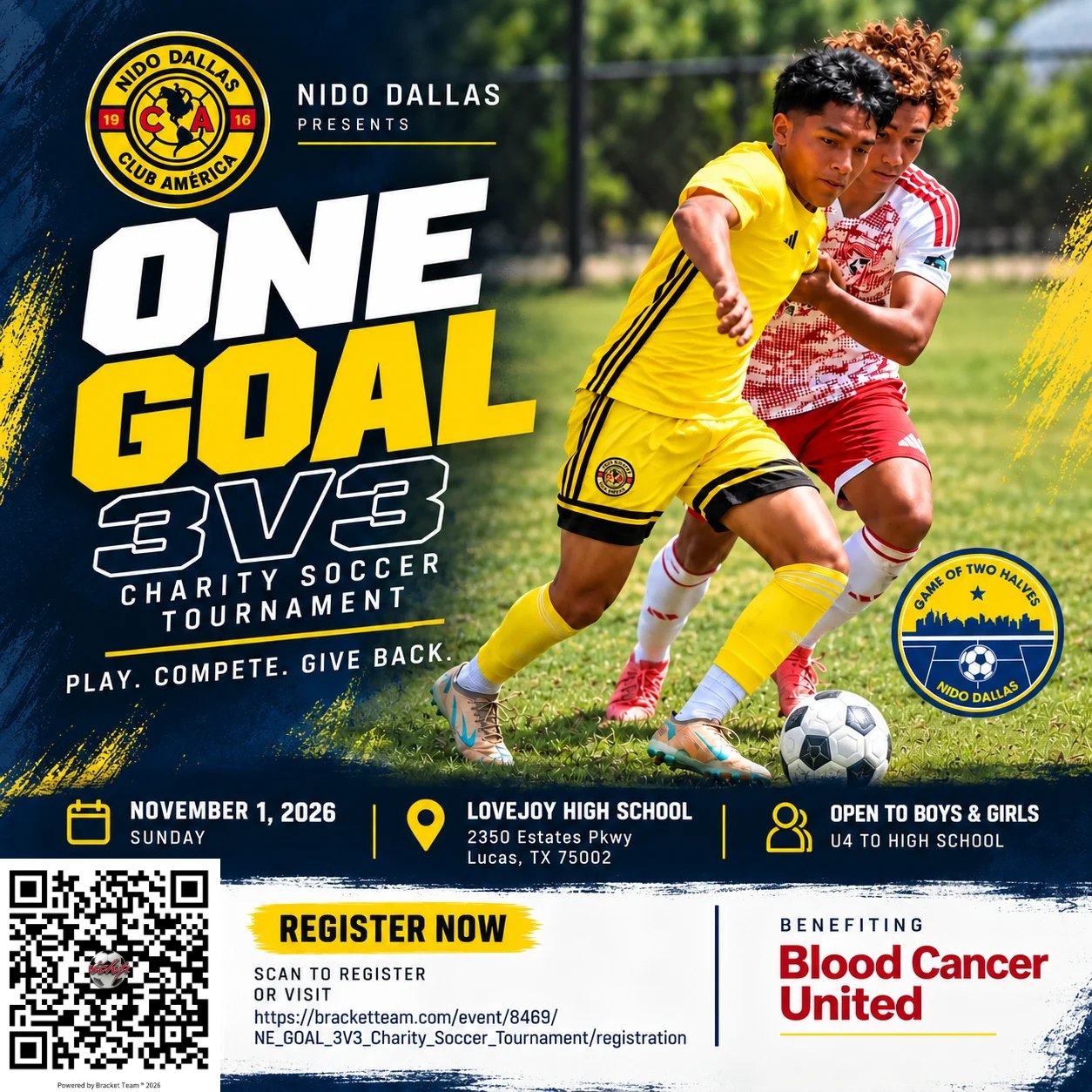 ONE Goal 3v3 Charity Soccer Tournament flyer: Sunday, November 1, 2026, Lovejoy High School, open to boys and girls U4 to high school